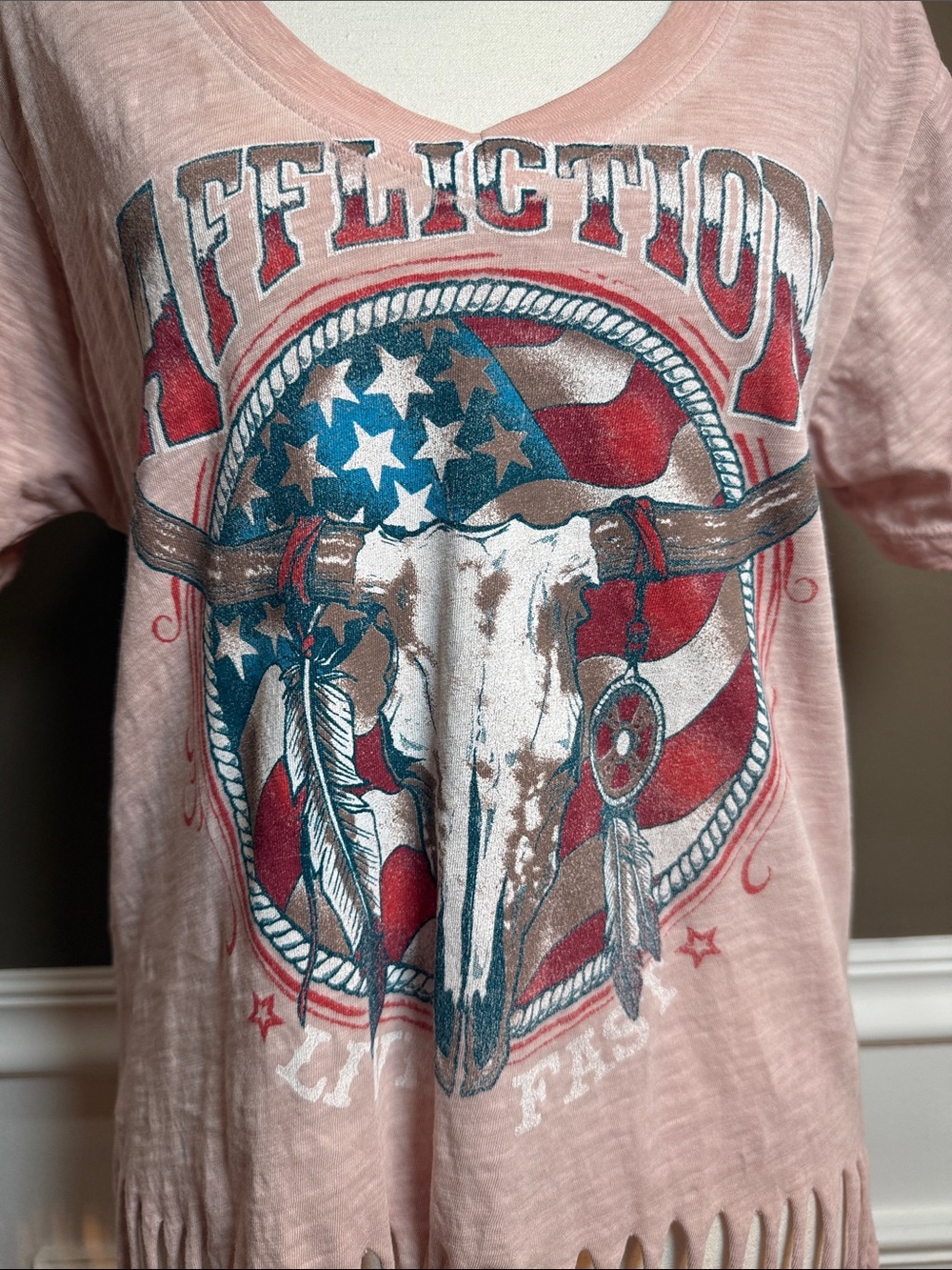 Affliction Live Fast Fringe Graphic Tee Distressed Boho Western Pink L - Picture 2 of 7
